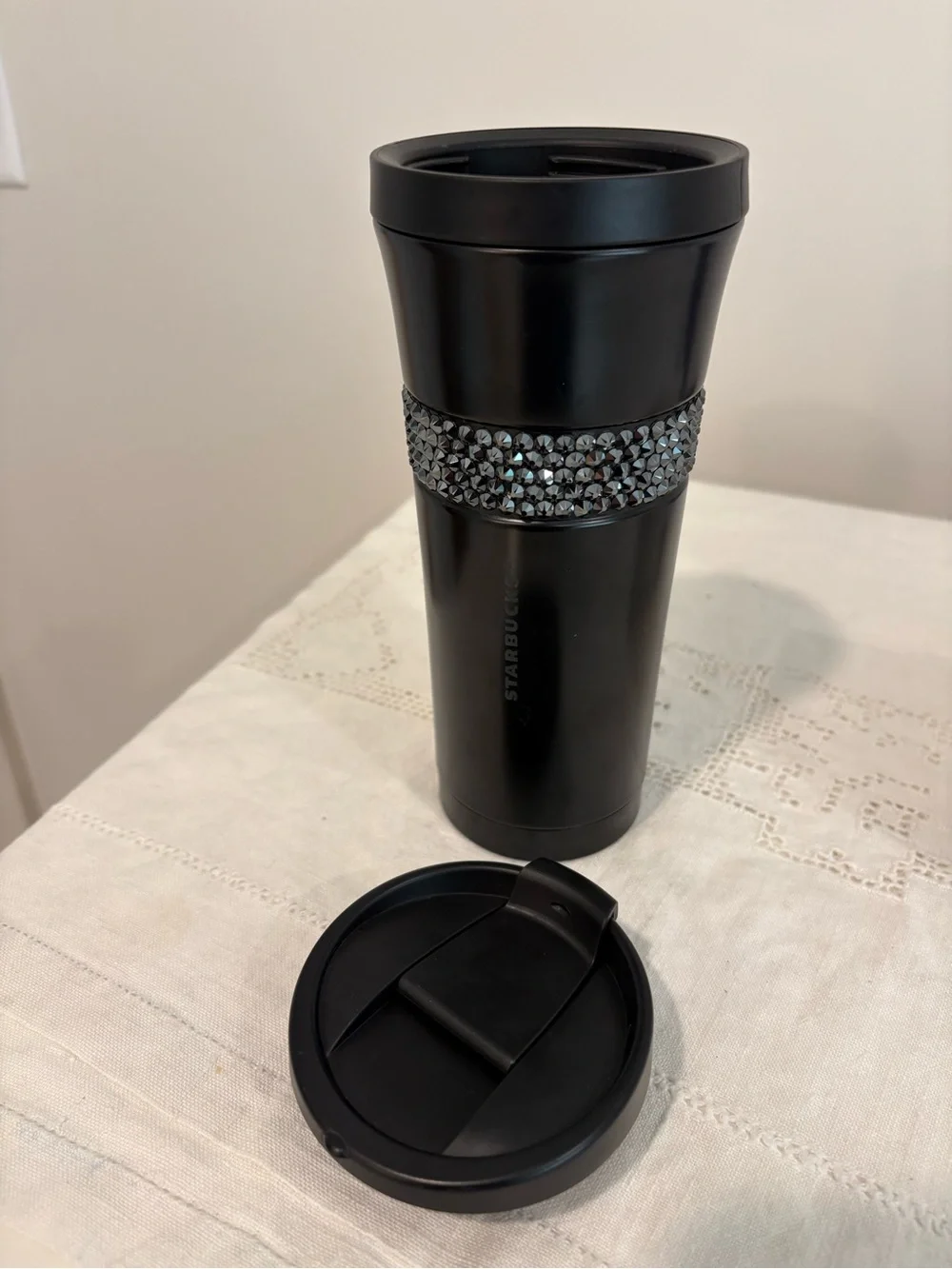 Starbucks Rare Swarovski Crystal Band Black Tumbler Travel Mug Twist Lid 16 oz